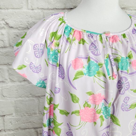 Vintage Purple Pink Tropical Floral Nightgown Nightie Kaftan Keyhole Neck OSFA - Picture 4 of 15